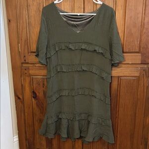 Women’s Olive Green Short Sleeve Ruffle Mini Casual Dress Size Medium